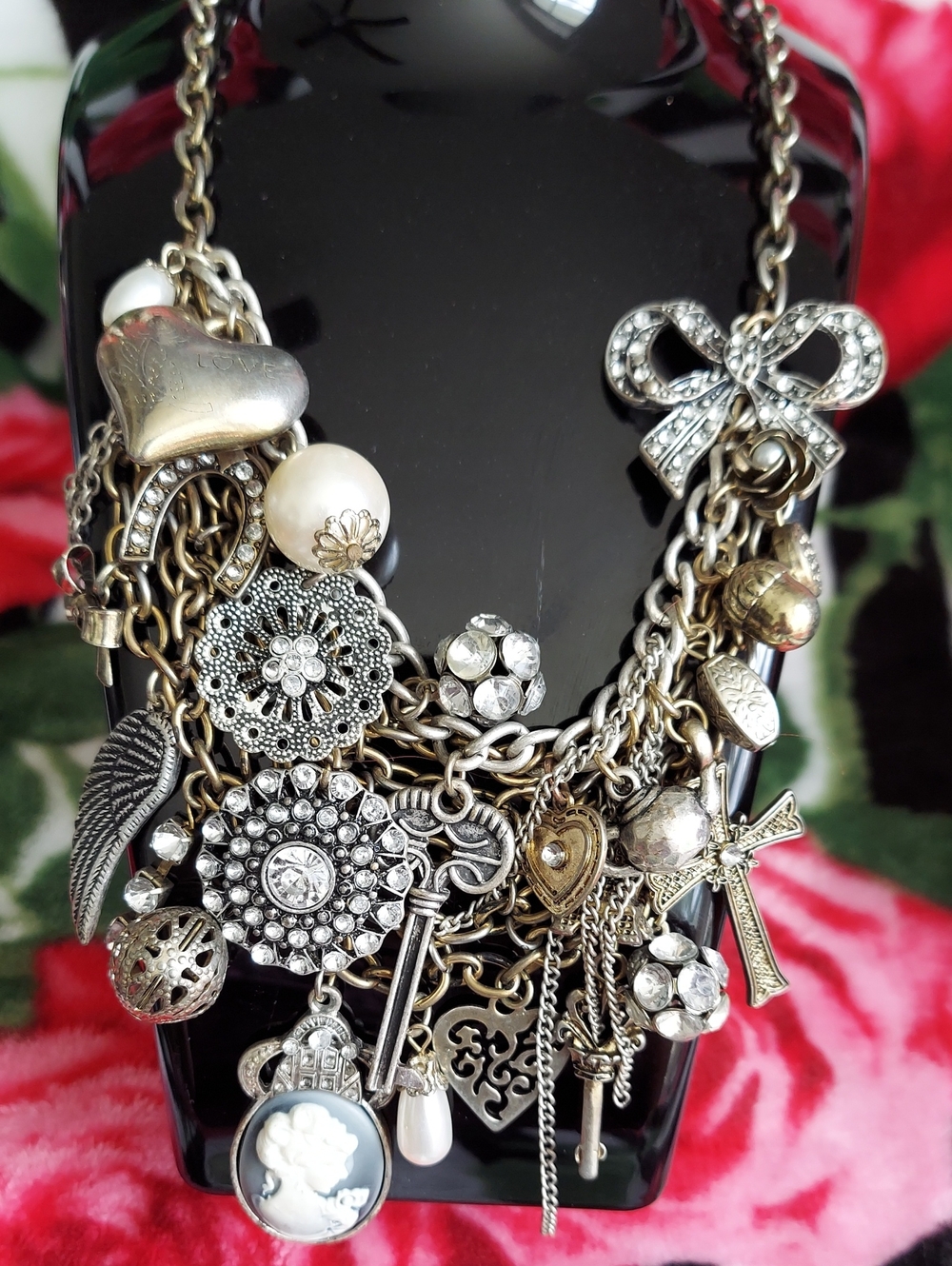 2 Tone Statement Multi Charm Collar Necklace with Rhinestone Accents